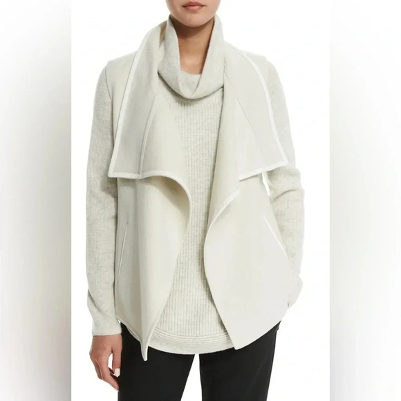 Vince Leather Trim Collar Drape Vest Ivory L - Picture 1 of 4